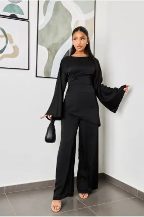 Ensemble 2 pièces blouse dos croisé + pantalon satiné noir