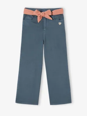 Pantalon évasé fille avec ceinture en gaze de coton encre - Vertbaudet