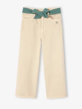 Pantalon évasé fille avec ceinture en gaze de coton écru - Vertbaudet