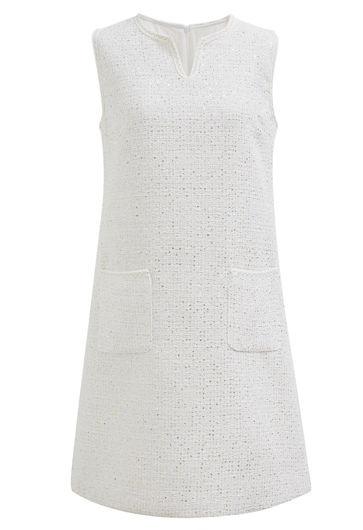 Robe en tweed sans manches brodée de sequins en blanc