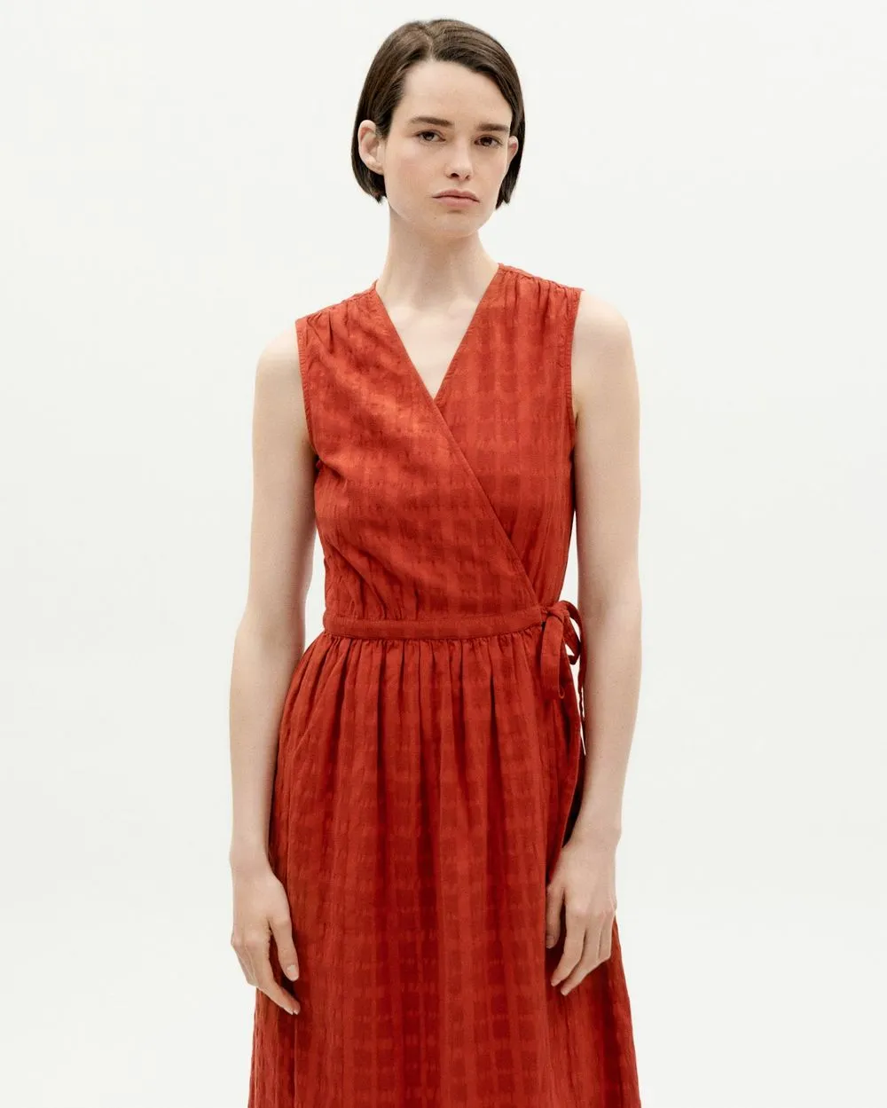 Robe portefeuille en coton bio | orange "orangered cuadrito amapola dress" femme