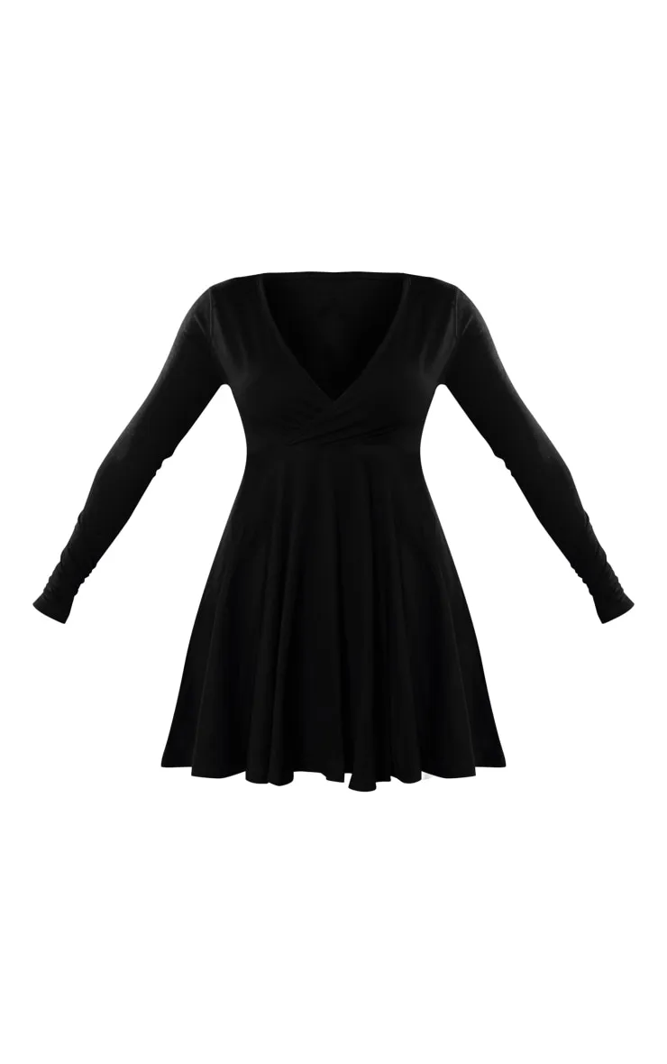 Robe portefeuille style patineuse en coton basique noir à manches longues