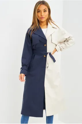 Trench long bicolore beige et bleu marine