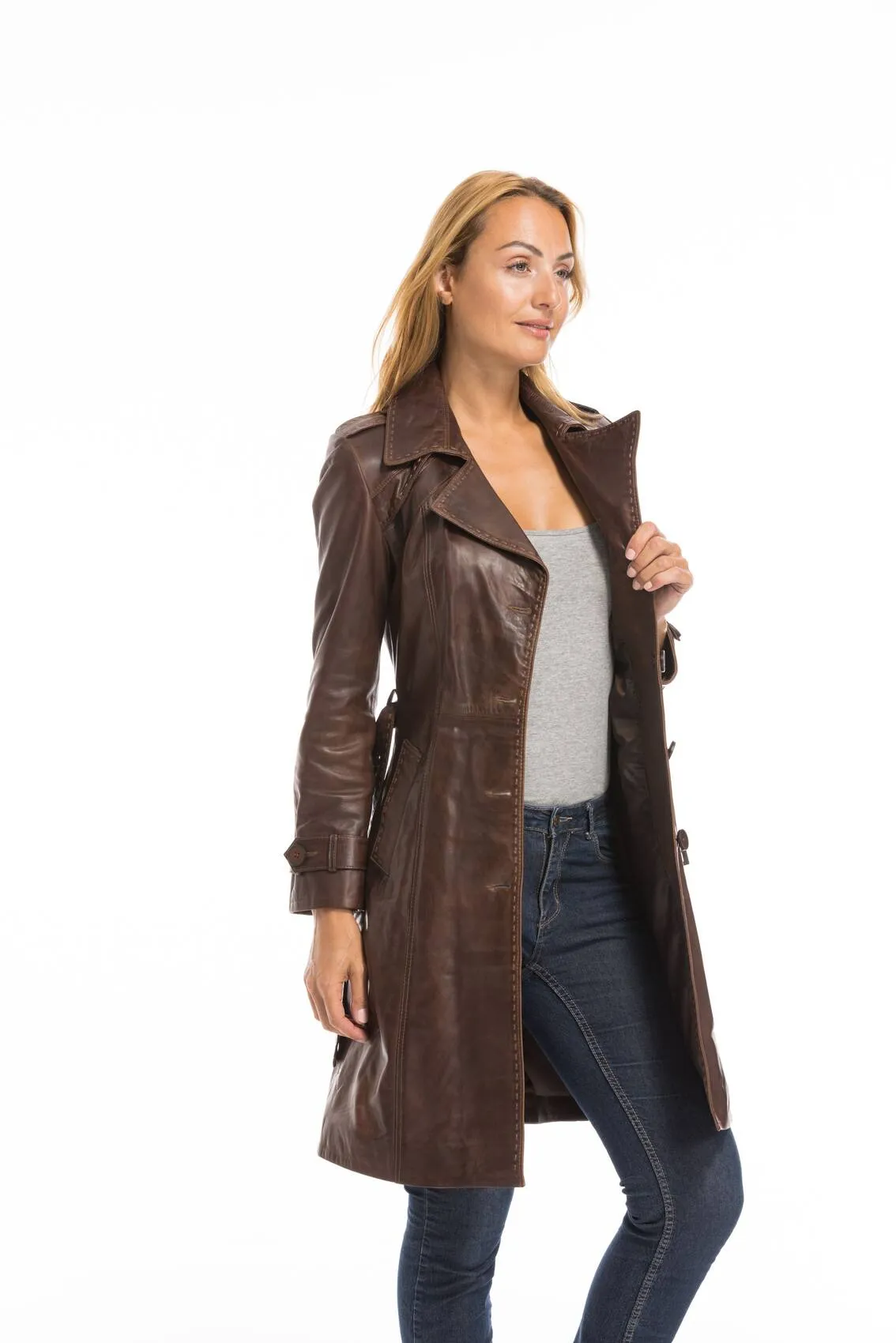 Trois quart cuir femme marron c 469 style trench