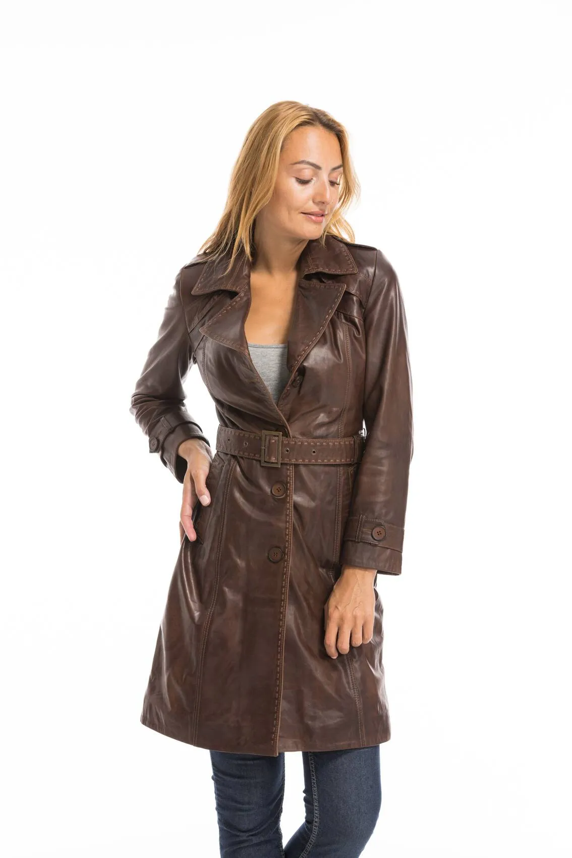 Trois quart cuir femme marron c 469 style trench