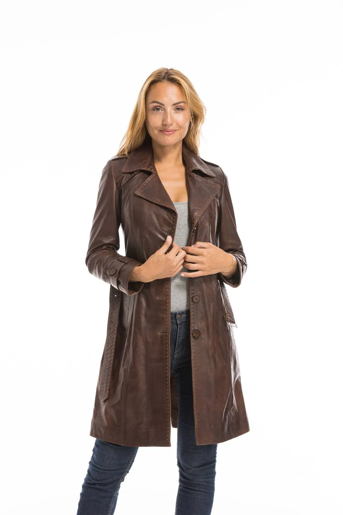 Trois quart cuir femme marron c 469 style trench