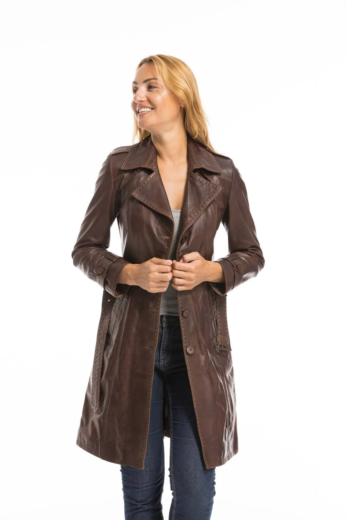 Trois quart cuir femme marron c 469 style trench