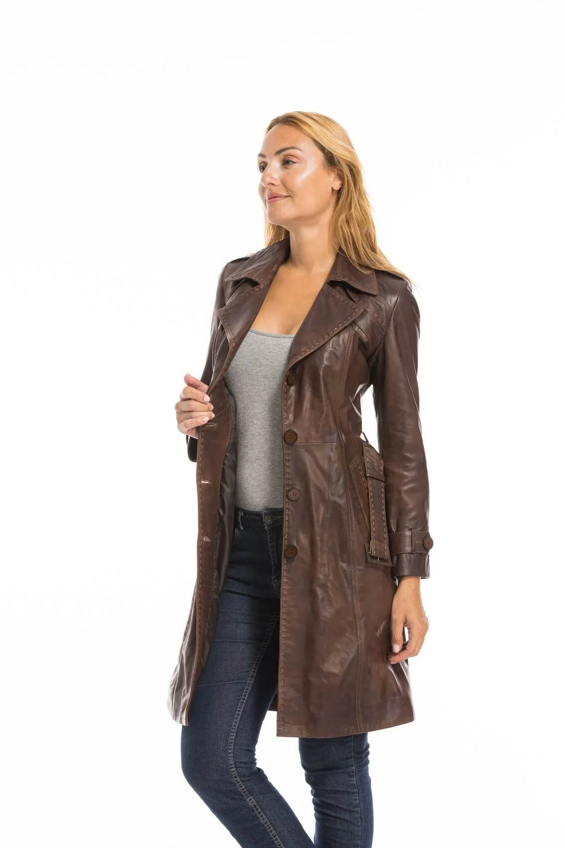 Trois quart cuir femme marron c 469 style trench