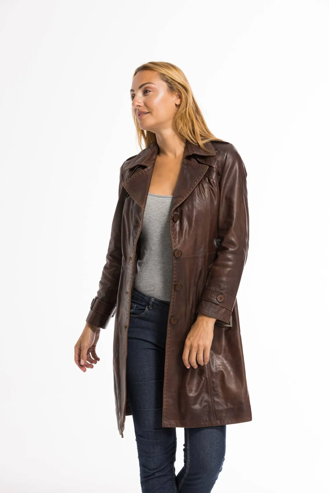 Trois quart cuir femme marron c 469 style trench