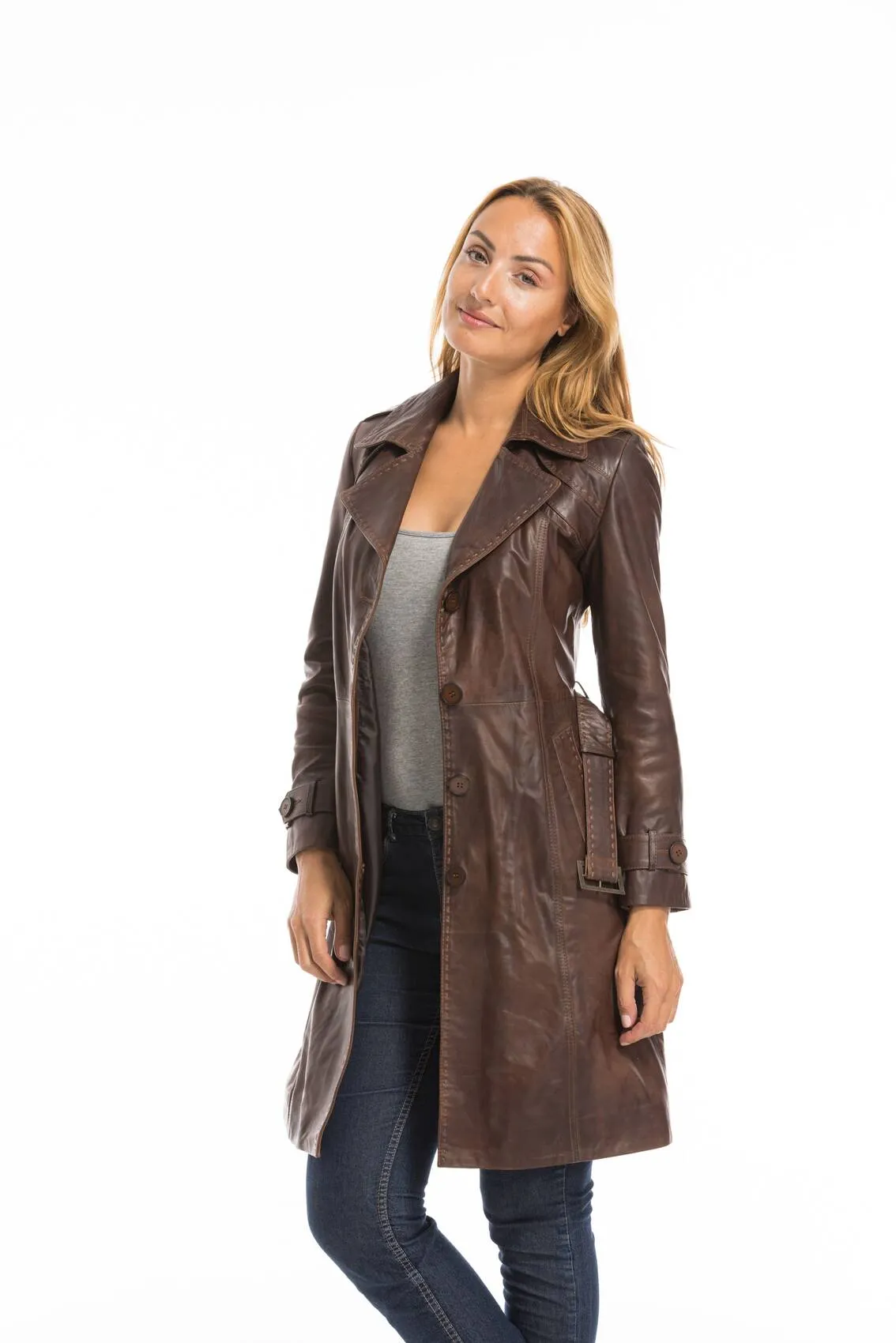 Trois quart cuir femme marron c 469 style trench