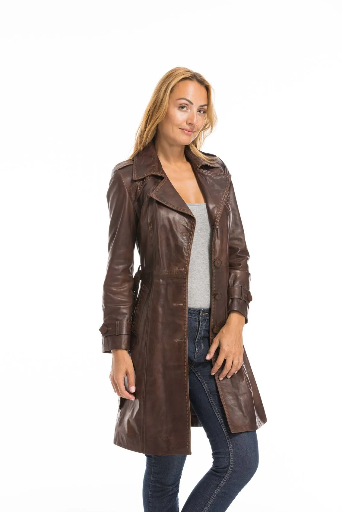 Trois quart cuir femme marron c 469 style trench