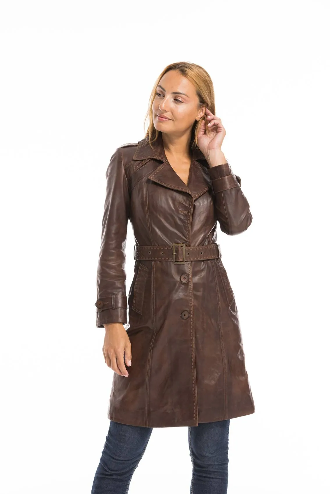 Trois quart cuir femme marron c 469 style trench